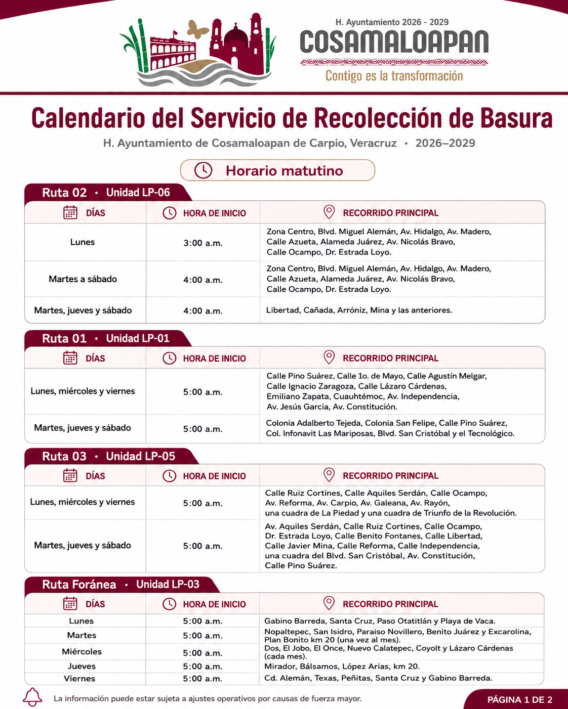 Calendario de recolección de Basura Cosamaloapan, Ver.