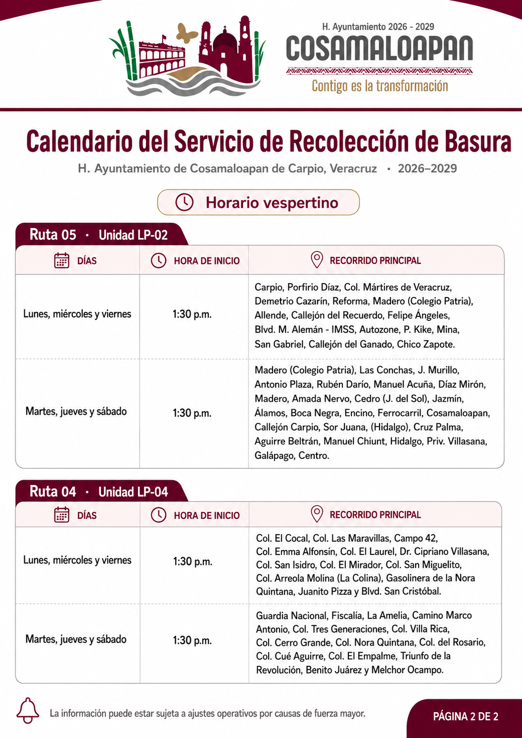 Calendario de recolección de basura Cosamaloapan, Ver.